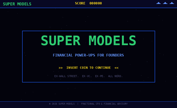Super Models — arcade-style title screen, Insert Coin to Continue